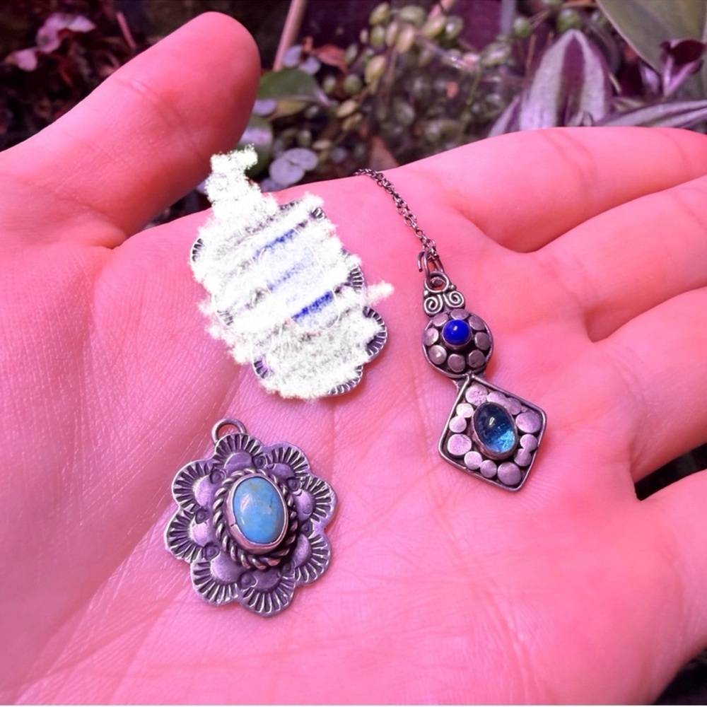 Set of 2 Vintage Sterling Silver 925 Pendants Turquoise Blue Gemstones